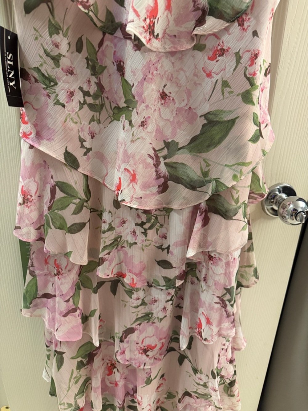 SLNY Pink Floral Tiered Midi Dress with Green Foliage - Picture 9 of 12